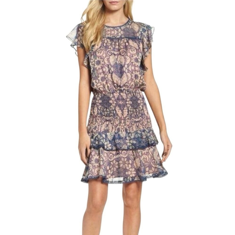 CHELSEA28 Boho Print Tiered Ruffle Mini Dress.‎ Size XS